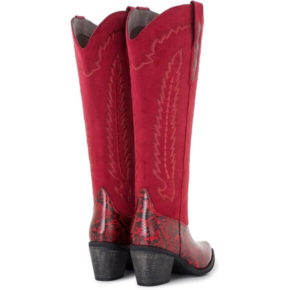 Women's Red Western Side Zipper And Snakeskin Embossed Leather Cowgirl Boots - Picture 6 of 7